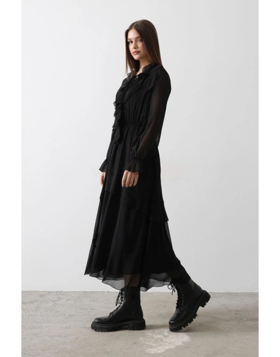 Fırfır Detaylı Şifon Elbise  Siyah
