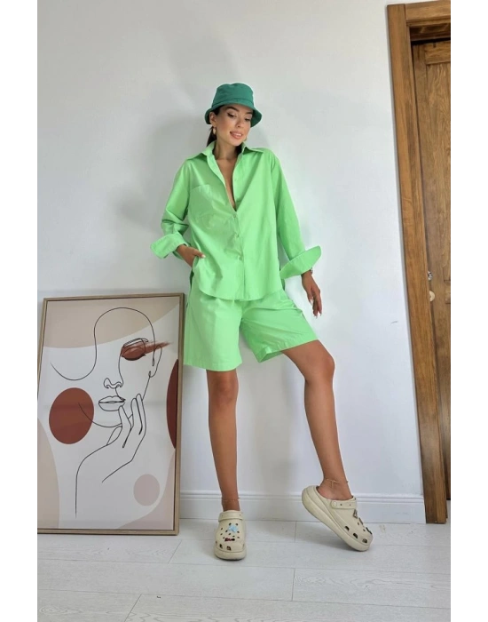 Fıstık Yeşili Önü Cepli Gömlek Ve Şort Takım