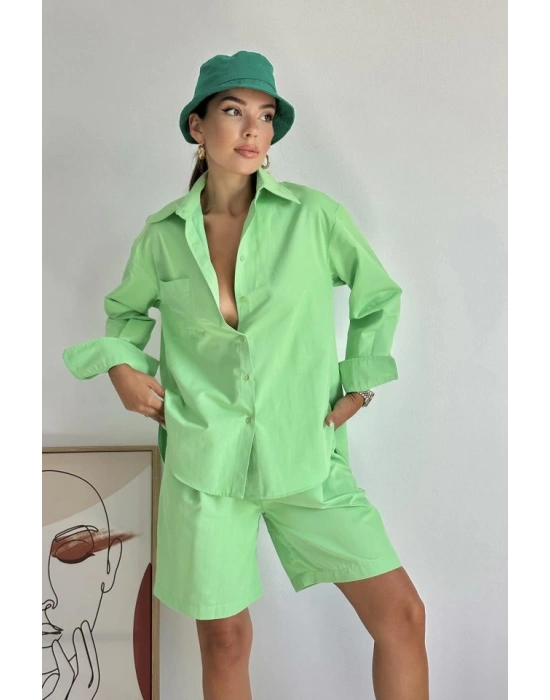 Fıstık Yeşili Önü Cepli Gömlek Ve Şort Takım