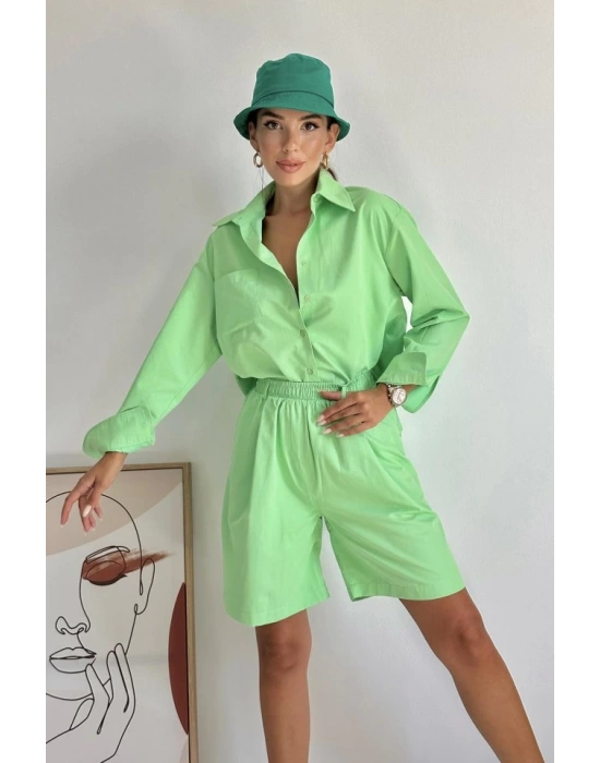 Fıstık Yeşili Önü Cepli Gömlek Ve Şort Takım