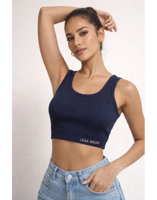 Fitilli Baskılı Crop  Lacivert