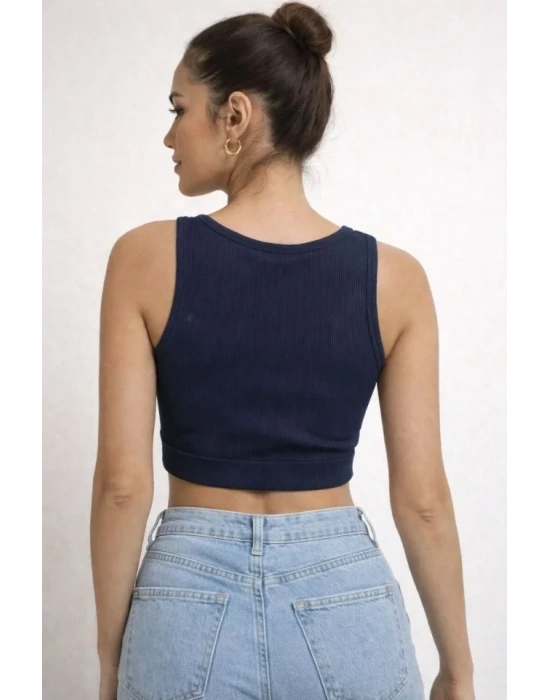 Fitilli Baskılı Crop  Lacivert