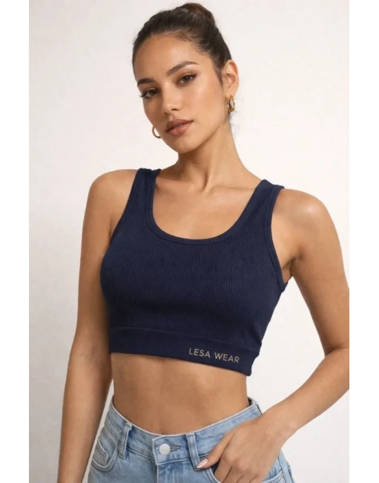 Fitilli Baskılı Crop  Lacivert