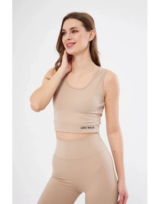 Fitilli Baskılı Crop  Bej