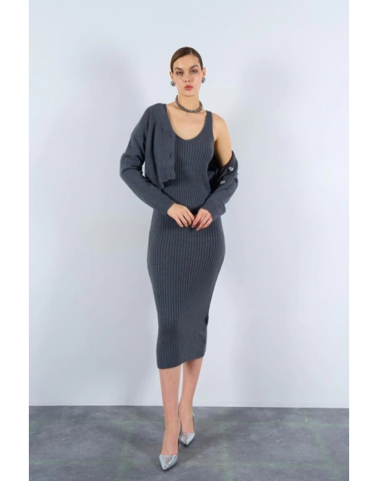 Fitilli Elbise Hırkalı Takım  Füme