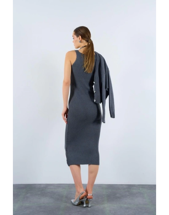 Fitilli Elbise Hırkalı Takım  Füme