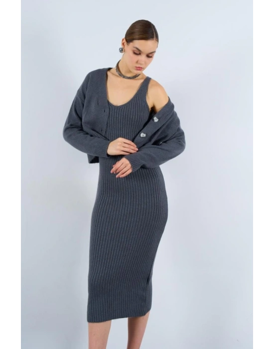 Fitilli Elbise Hırkalı Takım  Füme