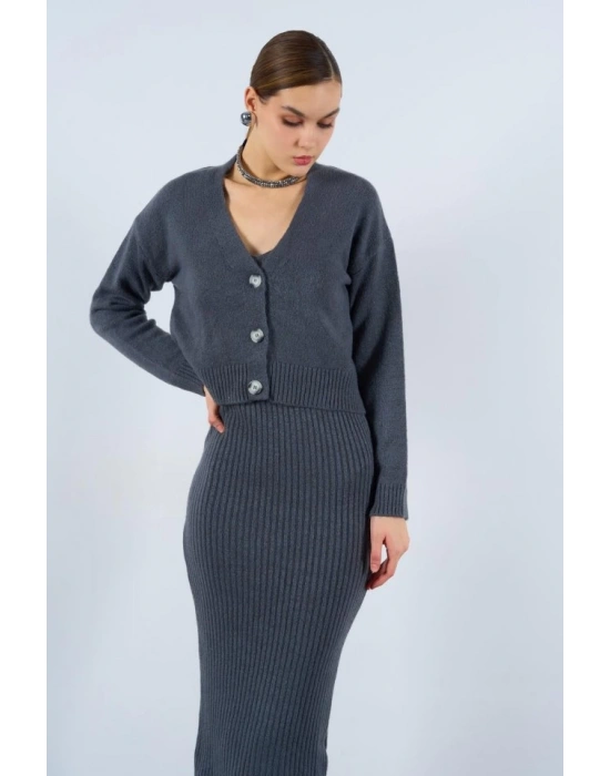 Fitilli Elbise Hırkalı Takım  Füme