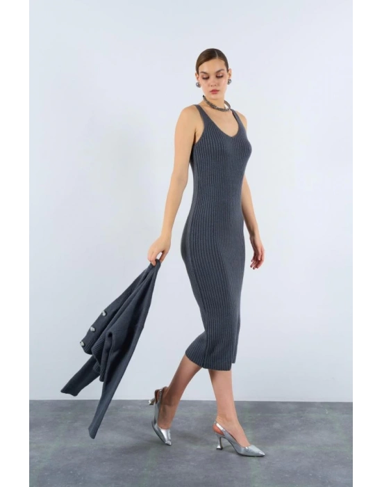 Fitilli Elbise Hırkalı Takım  Füme