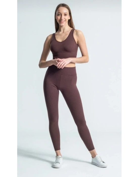 Fitilli Full ikralı Yüksek Bel Toparlayıcı Tayt Günlük Ve por Kullanım  Kahverengi