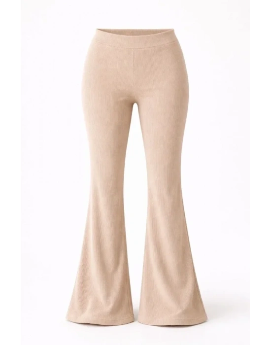 Fitilli Kaşkorse İspanyol Paça Tayt Yüksek Bel Esnek Günlük Rahat Pantolon  Bej