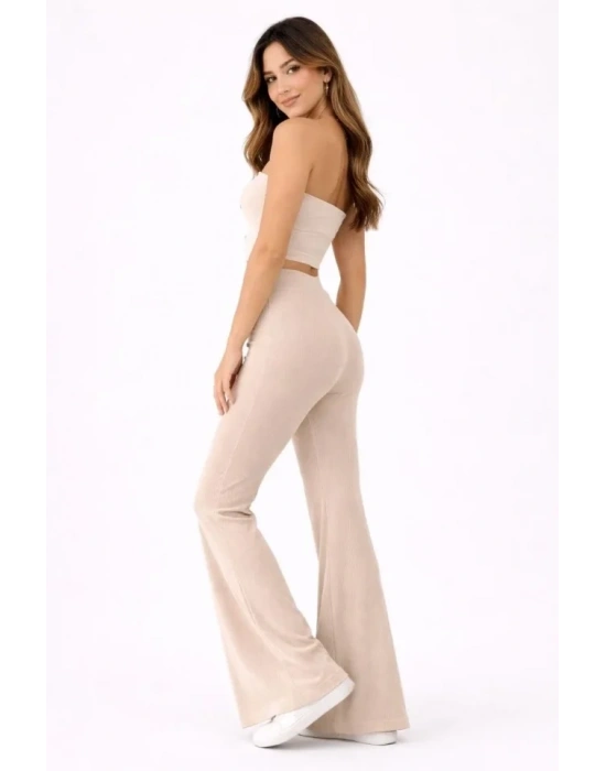 Fitilli Kaşkorse İspanyol Paça Tayt Yüksek Bel Esnek Günlük Rahat Pantolon  Bej