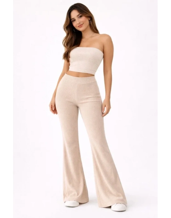 Fitilli Kaşkorse İspanyol Paça Tayt Yüksek Bel Esnek Günlük Rahat Pantolon  Bej