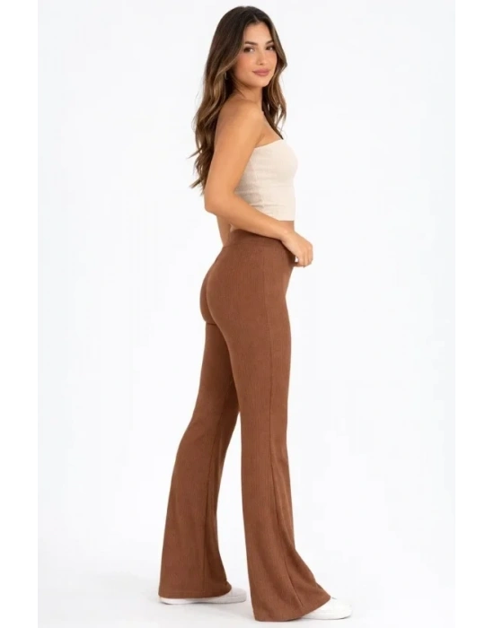 Fitilli Kaşkorse İspanyol Paça Tayt Yüksek Bel Esnek Günlük Rahat Pantolon  Kahverengi
