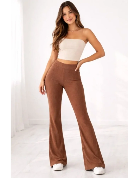 Fitilli Kaşkorse İspanyol Paça Tayt Yüksek Bel Esnek Günlük Rahat Pantolon  Kahverengi