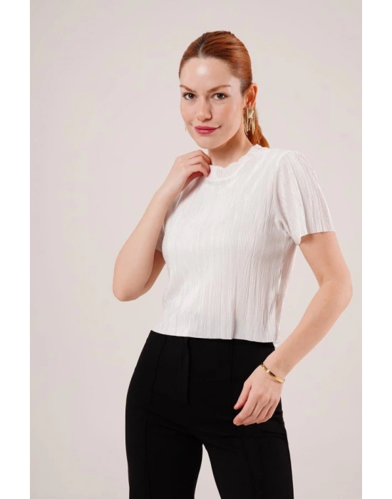 Fitilli Kısa Kollu Parlak Beyaz Bluz