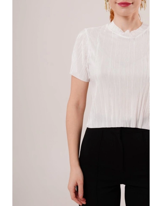 Fitilli Kısa Kollu Parlak Beyaz Bluz
