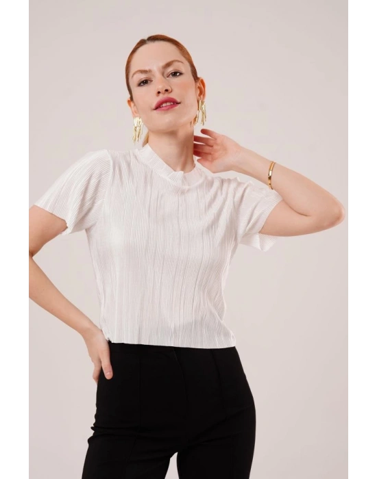 Fitilli Kısa Kollu Parlak Beyaz Bluz