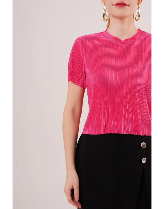 Fitilli Kısa Kollu Parlak Fuşya Bluz