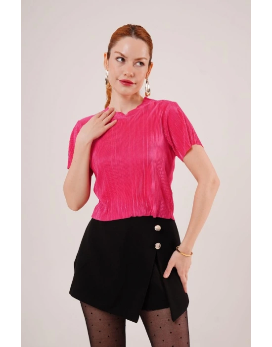 Fitilli Kısa Kollu Parlak Fuşya Bluz