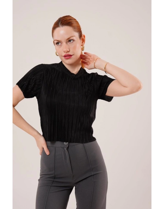 Fitilli Kısa Kollu Parlak iyah Bluz
