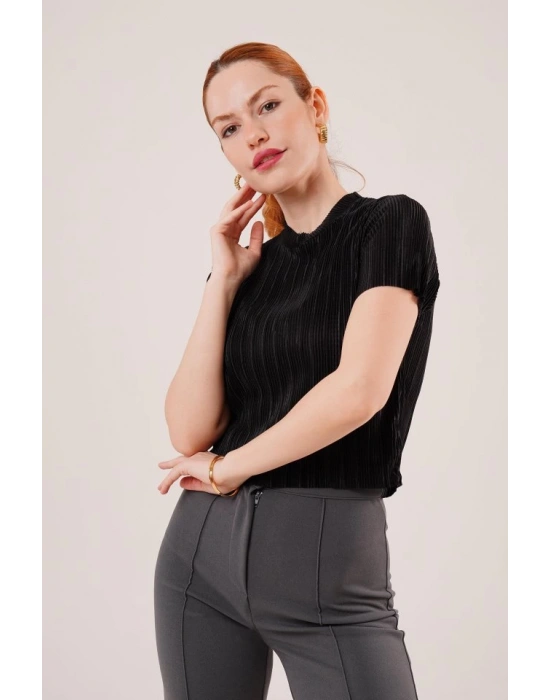 Fitilli Kısa Kollu Parlak iyah Bluz
