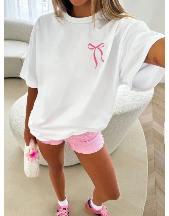 Fiyonk Baskılı Oversize Bisiklet Yaka Tshirt  Beyaz