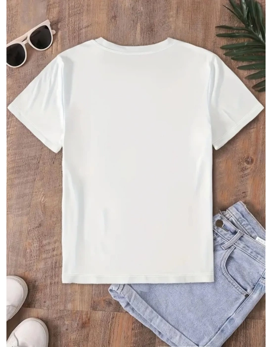 Fiyonk Baskılı Oversize Bisiklet Yaka Tshirt  Beyaz