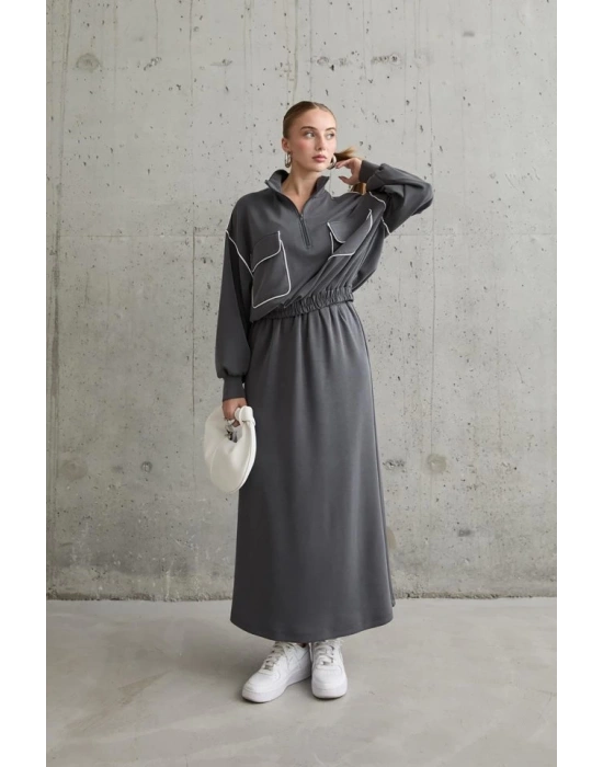 Füme Biyeli Sweatshirt Ve Etek Takım