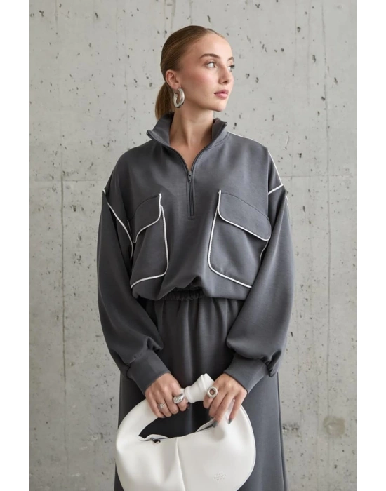 Füme Biyeli Sweatshirt Ve Etek Takım