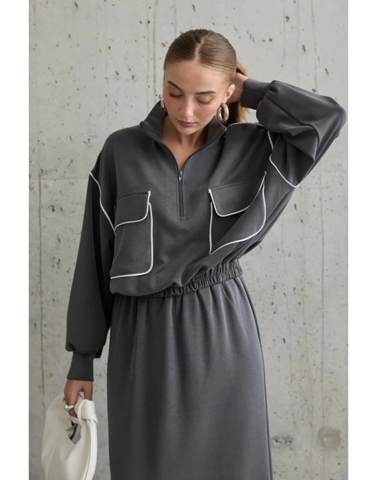 Füme Biyeli Sweatshirt Ve Etek Takım