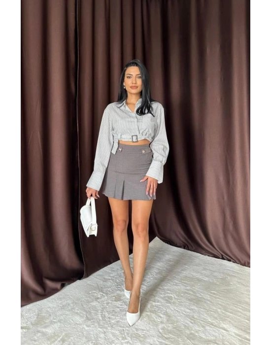 Füme Düğme Detaylı Pileli Etek