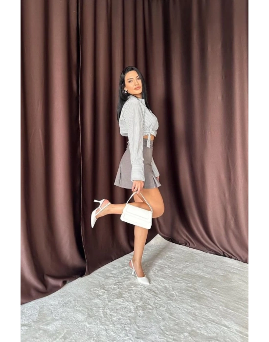 Füme Düğme Detaylı Pileli Etek