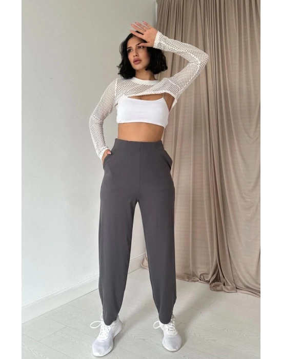 Füme Pensli astik Detaylı Pantolon