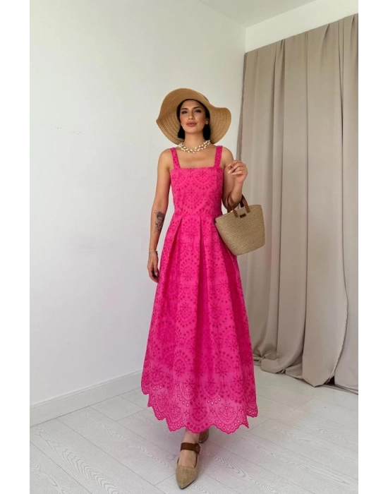 Fuşya Askılı Aparatlı Brode Elbise