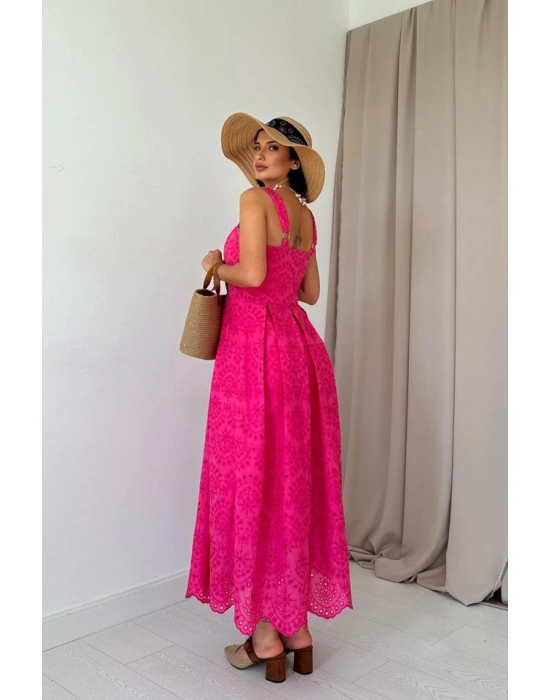 Fuşya Askılı Aparatlı Brode Elbise