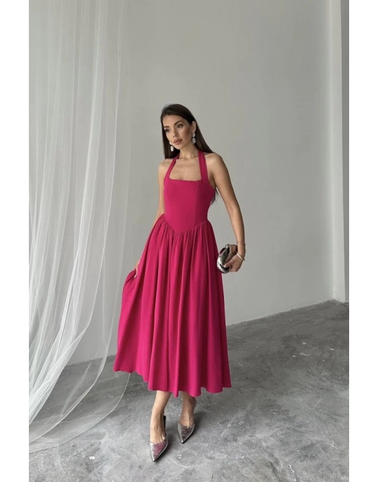 Fuşya Boyundan Bağlamalı Keten Elbise