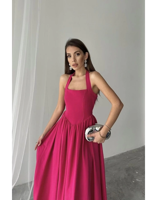 Fuşya Boyundan Bağlamalı Keten Elbise