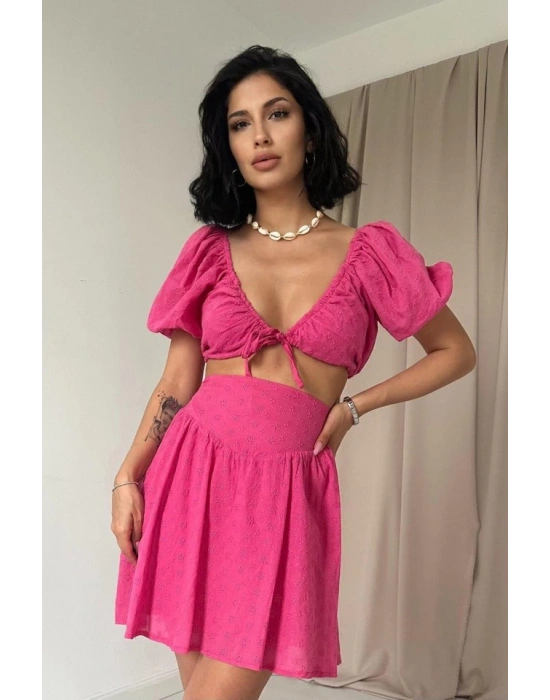 Fuşya Brode Crop Ve ini Etek Takım
