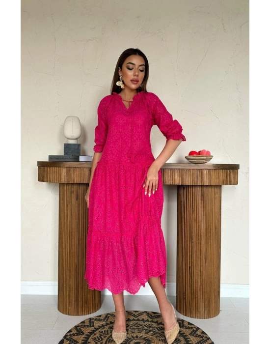 Fuşya Dantelli New Elbise