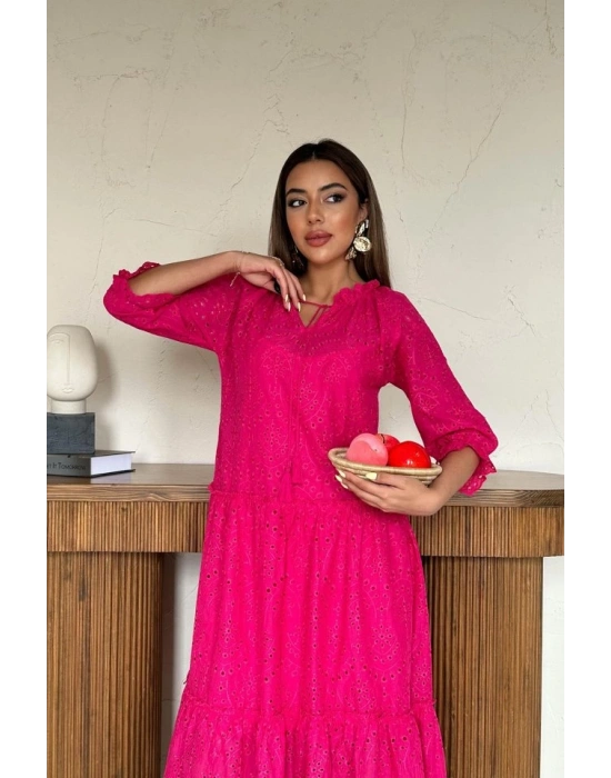 Fuşya Dantelli New Elbise