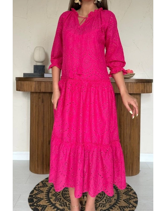 Fuşya Dantelli New Elbise