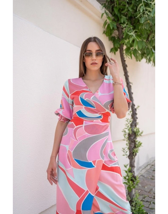 Fuşya Desenli Yırtmaçlı Elbise