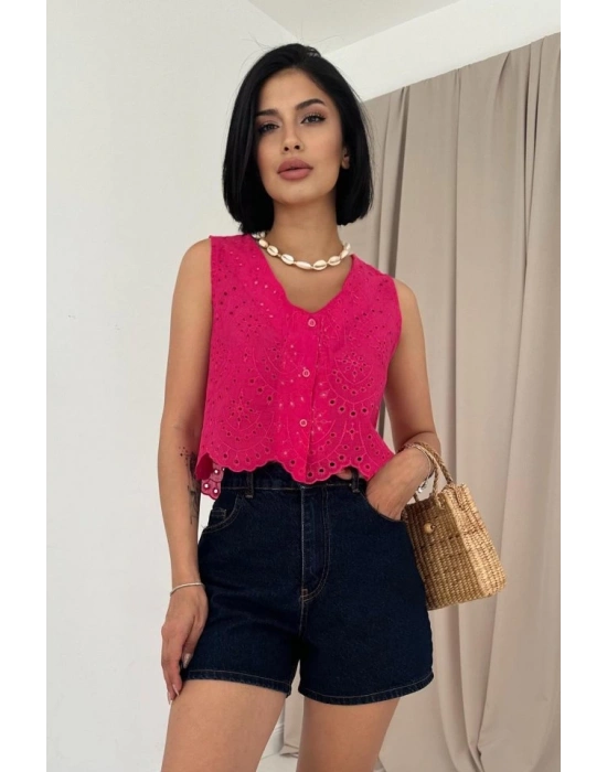 Fuşya ıfır Kol Brode Bluz