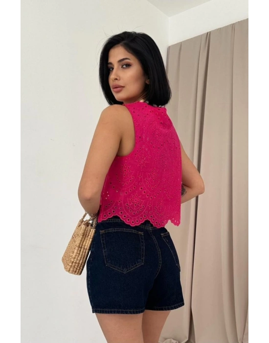 Fuşya ıfır Kol Brode Bluz