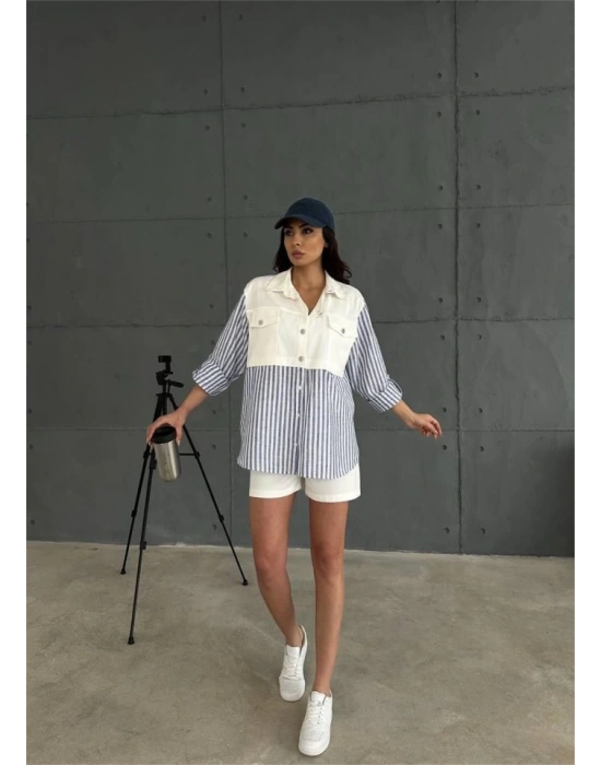 GABARDİN ŞORT  GABARDİN  ÇİZGİİ KETEN GARNİİ CEKET TAKI  acivert