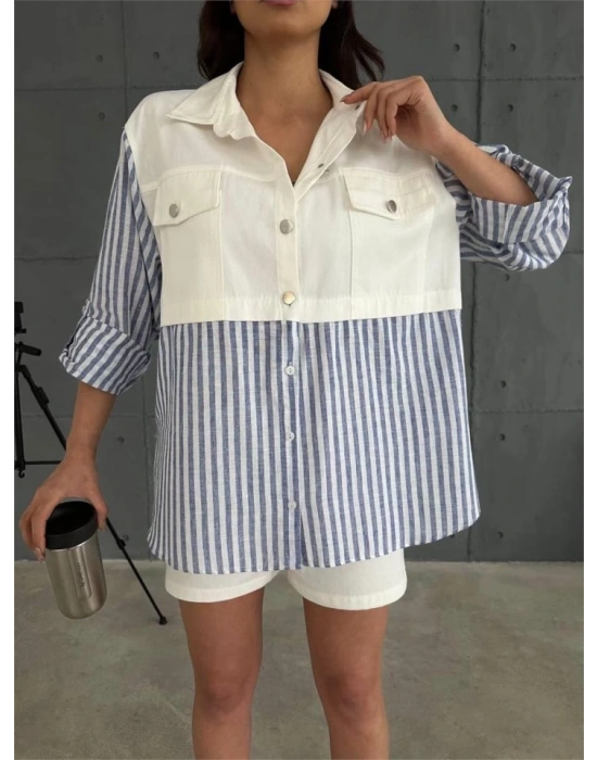 GABARDİN ŞORT  GABARDİN  ÇİZGİİ KETEN GARNİİ CEKET TAKI  acivert