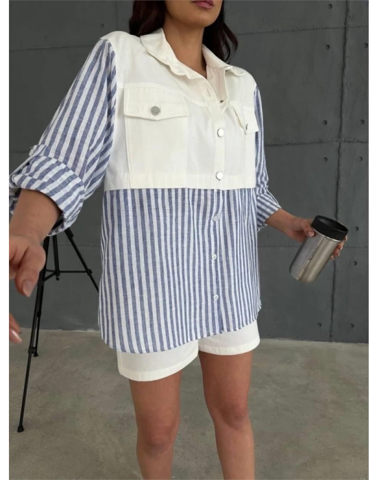 GABARDİN ŞORT  GABARDİN  ÇİZGİİ KETEN GARNİİ CEKET TAKI  acivert