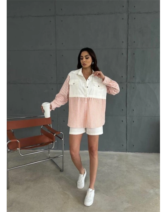 GABARDİN ŞORT  GABARDİN  ÇİZGİİ KETEN GARNİİ CEKET TAKIM  Orange