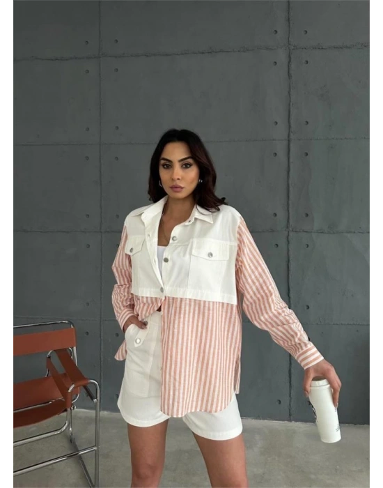 GABARDİN ŞORT  GABARDİN  ÇİZGİİ KETEN GARNİİ CEKET TAKIM  Orange